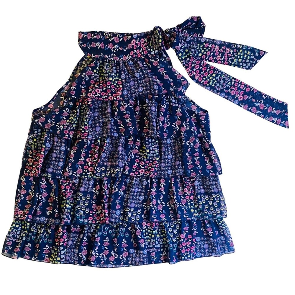 Yvos Womens XL Blue Floral Tiered Sleeveless Blouse High Neck Tie Lined